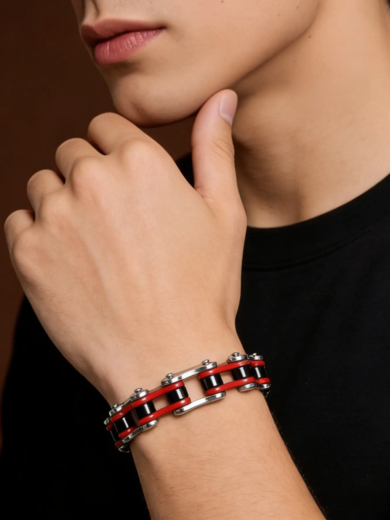 ✨ Edgy Red & Silver Biker Chain Bracelet | Durable Stainless Steel Construction, Eye-Catching Two-Tone, Great Gift for Punk & Rock Fans