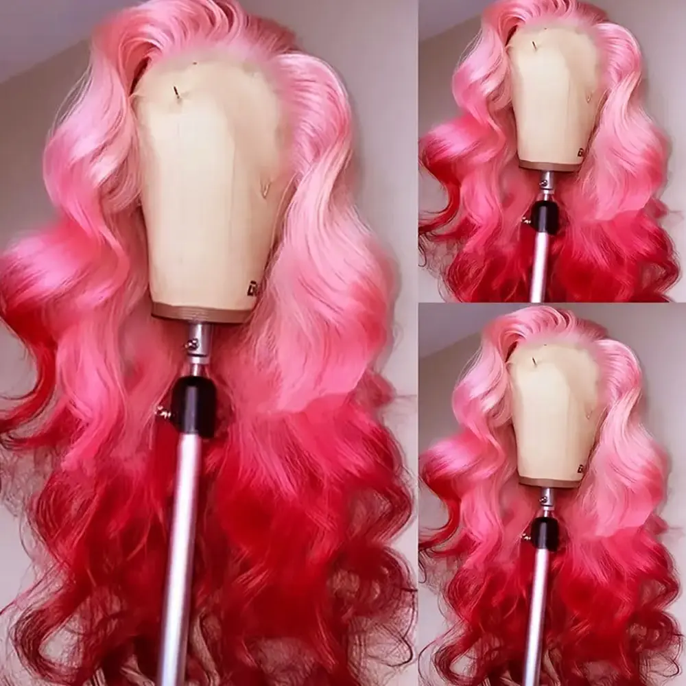 26Inch Ombre Red Mixed Color Lace Front Wig Long Body Wave Hair Hot Pink Synthetic Replacement Wigs Glueless 13x4 Free Part Pre Plucked Hairline Lace Frontal Wigs Heat Resistant Fiber Wavy Hair for Fashion Women Girls Daily Party Wear