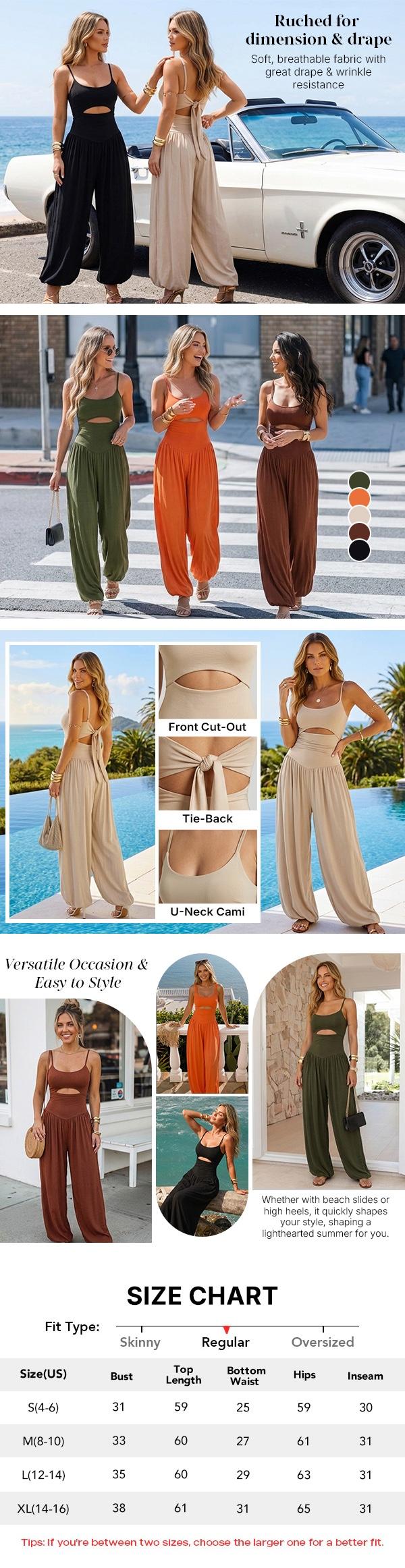 ChicMe Women's Cut-out Cami Jumpsuit Adjustable Shoulder Straps with Pockets Backless Tie-Back Ruched High Waist Romper
