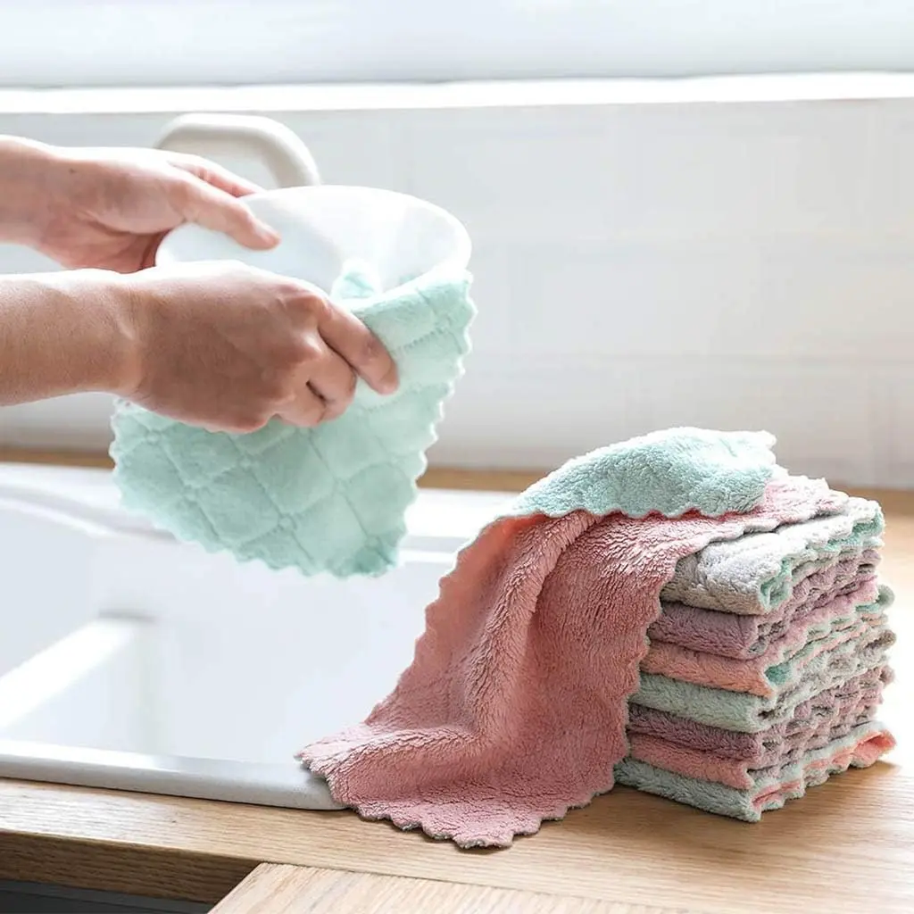 Premium Coral Fleece Kitchen Dish Towels 10 Pcs, Super Absorbent Oil Resistant Washable Fast Drying Cleaning Cloths