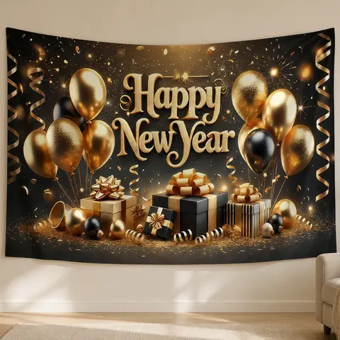 Happy New Year Backdrop with Gold Balloons and Gifts - Polyester Party Photo Banner