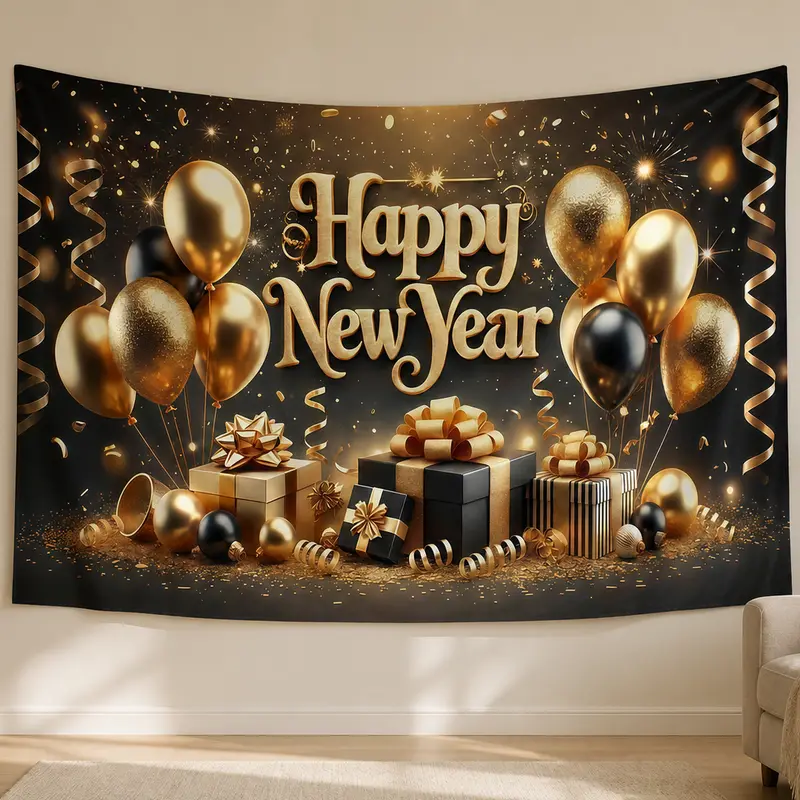 Happy New Year Backdrop with Gold Balloons and Gifts - Polyester Party Photo Banner