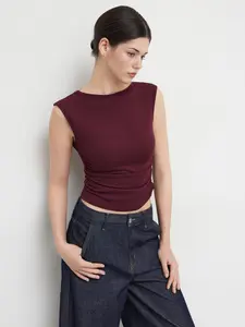 Cider Boat Neck Solid Ruched Tank Top