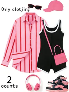 2-Piece Women's Casual Outfit: Pink Red Striped Button Down Shirt + Black White Trim Romper, Lounge & Streetwear Set For Daily Wear