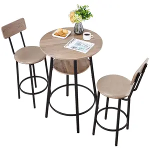 Bar Table Set 3-Piece 23.5-Inch Round Pub Table With Two Stools And Matching Chairs, Rounded Corner Design, Ideal For Kitchen Breakfast Nook, Small Office Desk, Light Gray And Black Finish
