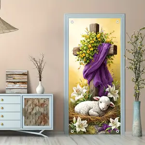 Easter cross and lamb door banner, polyester material, suitable for indoor and outdoor scene decoration, home decoration, Easter party decoration, Party Decorations Banners