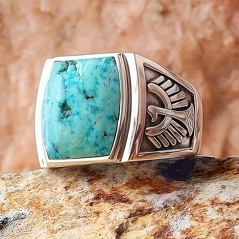 Vintage Men's Carving Eagle Pattern Retro Turquoise Cabochon Ring - Natural Stone Inlay, Synthetic Zircon Alloy Single Ring, All Seasons Fashion Jewelry, Father's Day Gift BW2746449, Patterned, Rings