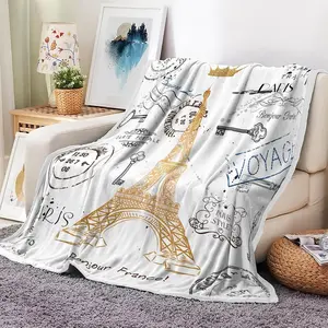 Paris Throw Blankets, Eiffel Tower Unisex Cozy Warm Bed Couch Blanket, Golden Lettering European Retro Stamp Art Modern White Flannel Throws to Decorate Room Bedroom Camping Travel
