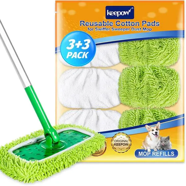 KEEPOW Microfiber Mop Refills, Reusable Water-Absorbent Dry Sweeping/Wet Mopping Pads for All 10-12 in Flat Cleaners (6 Pcs)