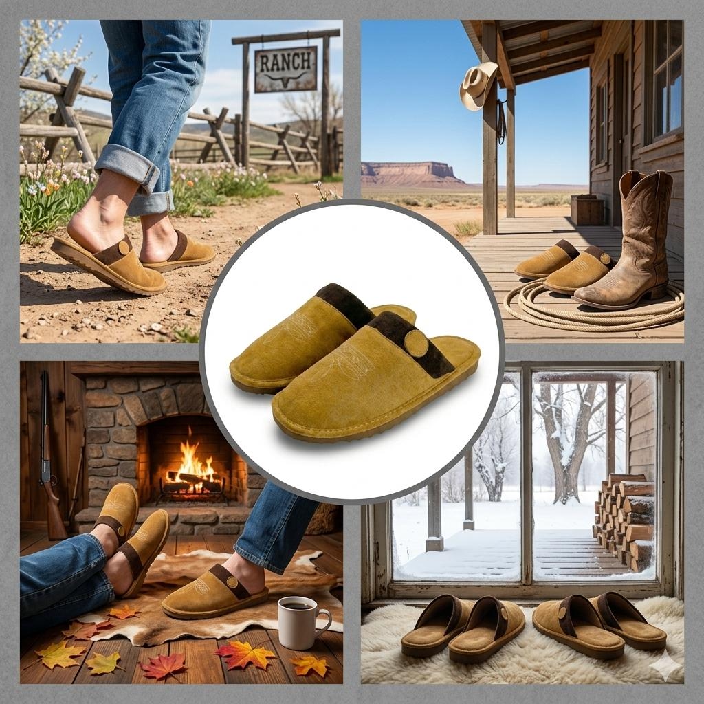 Cowboy Suede Slippers with Boot Stitch – Square Toe House Shoes for Men & Women, Indoor Outdoor Cowboy Suede Slippers with Boot Stitch – Square Toe House Shoes for Men & Women, Indoor Outdoor