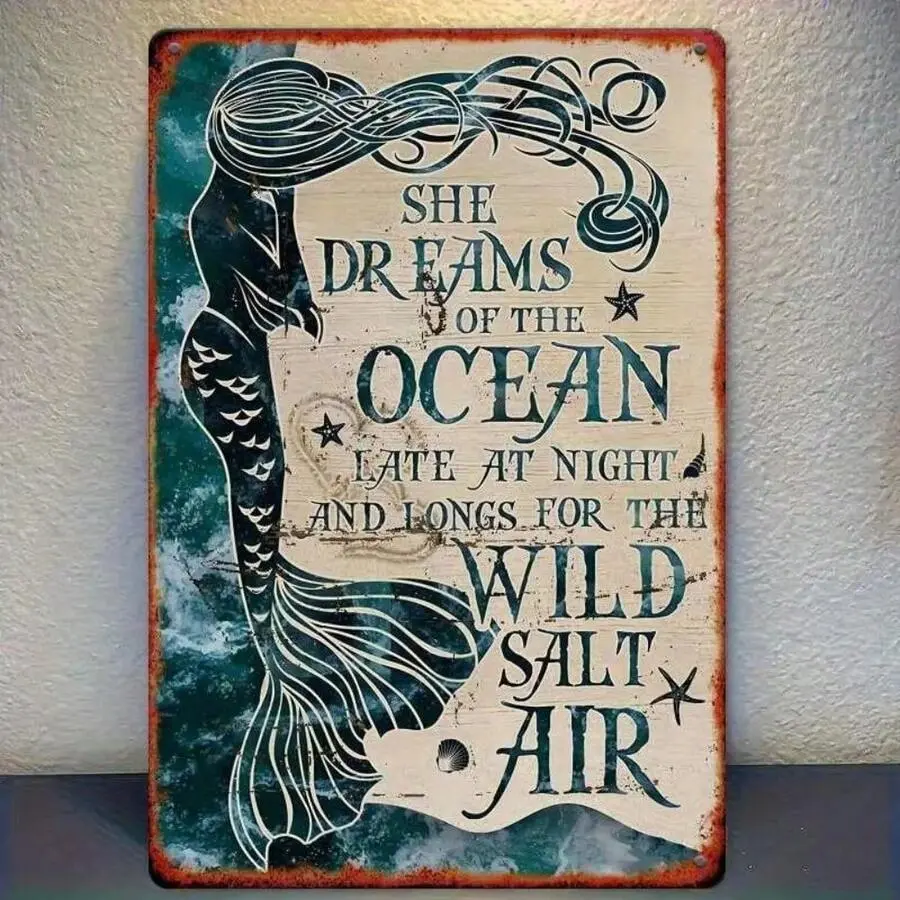 Vintage Mermaids Sea Tin Sign - Waterproof Tropical Lightweight Hanging Home Decor, Rustic Nautical Art, Teal Ocean Colors, Coastal Beach House Plaque, Indoor/Outdoor Use, Ideal Gift