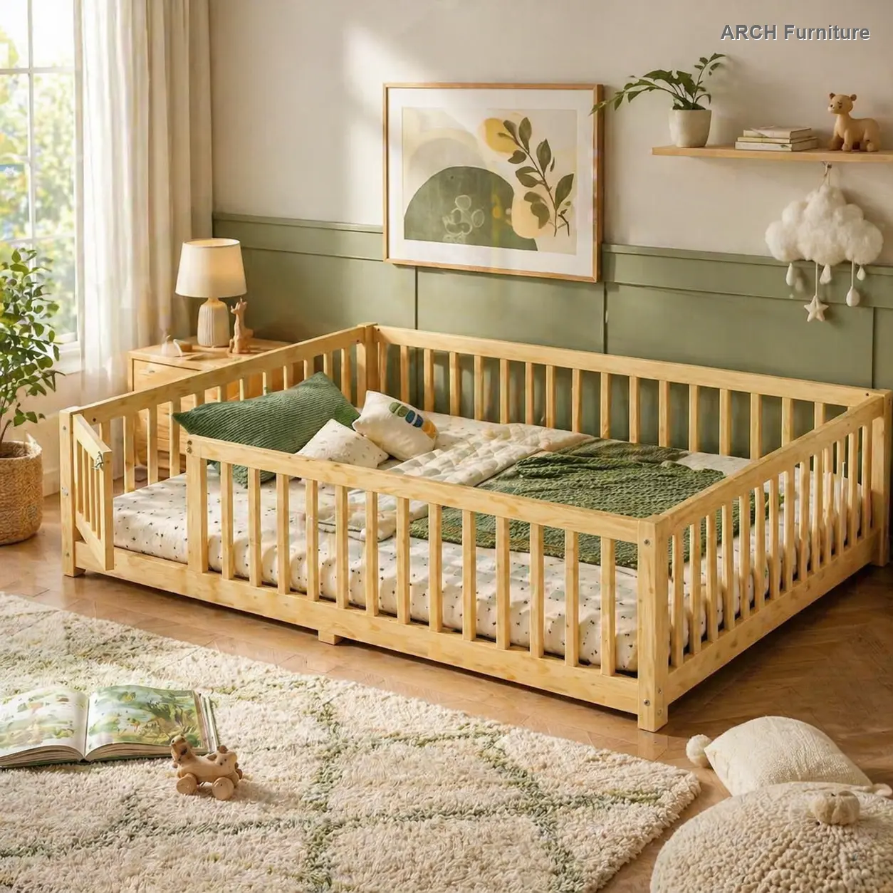 Full Size Kids' Floor Bed, Natural Pine Wood Bed with Safety Rails and Access Door (Old SKU: W1580P154627) Toddler Bed Cribs