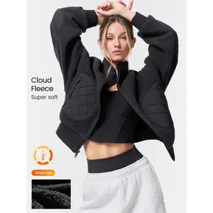 GLOWMODE Cloud Fleece Fuzzy Feels Cozy Warm Lightweight Stand Collar Ribbed Cuffs Hem Hip-Length Relaxed-Fit Fleece Bomber Jacket Autumn Winter Outdoor Daily Casual