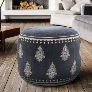 Kavrel Handmade Farmhouse Damask Round Indoor Medium Pouf Ottoman, Navy Blue