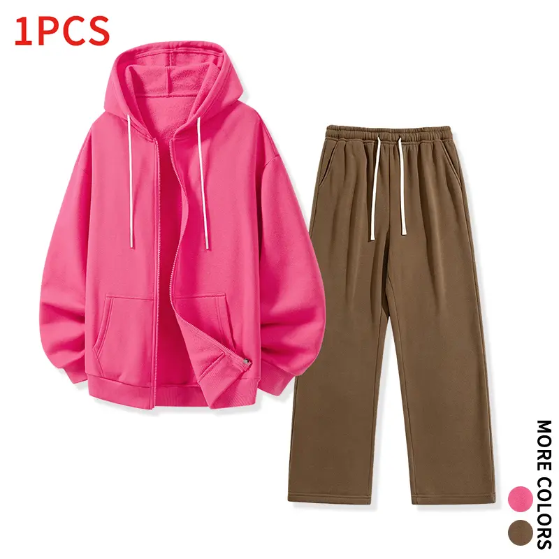 Minimal No Print Solid Hooded Zip Jacket Wide Leg Sweat Pants Set Men Layering Daily Simple Streetwear Outfit