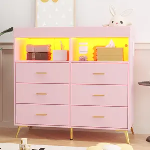 6-Drawer Pink Bedroom Storage Dresser, Practical Baby Changing Table with Changing Pad, LED Lights and Charging Station, Modern Organized Top Design