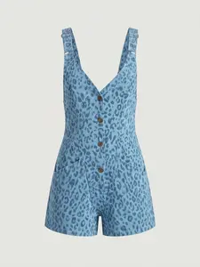 Women's Y2K Casual Fashion Summer Light Blue Leopard Print Romper, Button Down Front V-Neck Short Overalls with Pockets Flattering Fit, For Daily Wear Streetwear Weekend Hangout