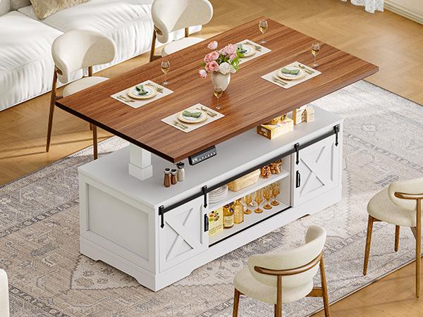 SEDETA 47.2" Farmhouse Lift Top Coffee Table Electric Standing with Storage Power Outlet Sliding Barn Door Height Adjustable for Living Room