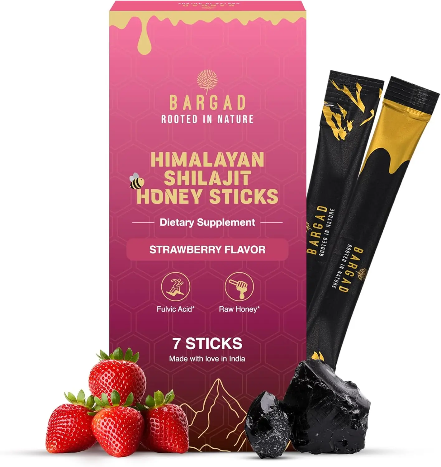 Pure Himalayan Shilajit Sticks with Organic Honey & Natural Strawberry Flavor (7 Count) | Easy Single-Use Shilajit Sticks