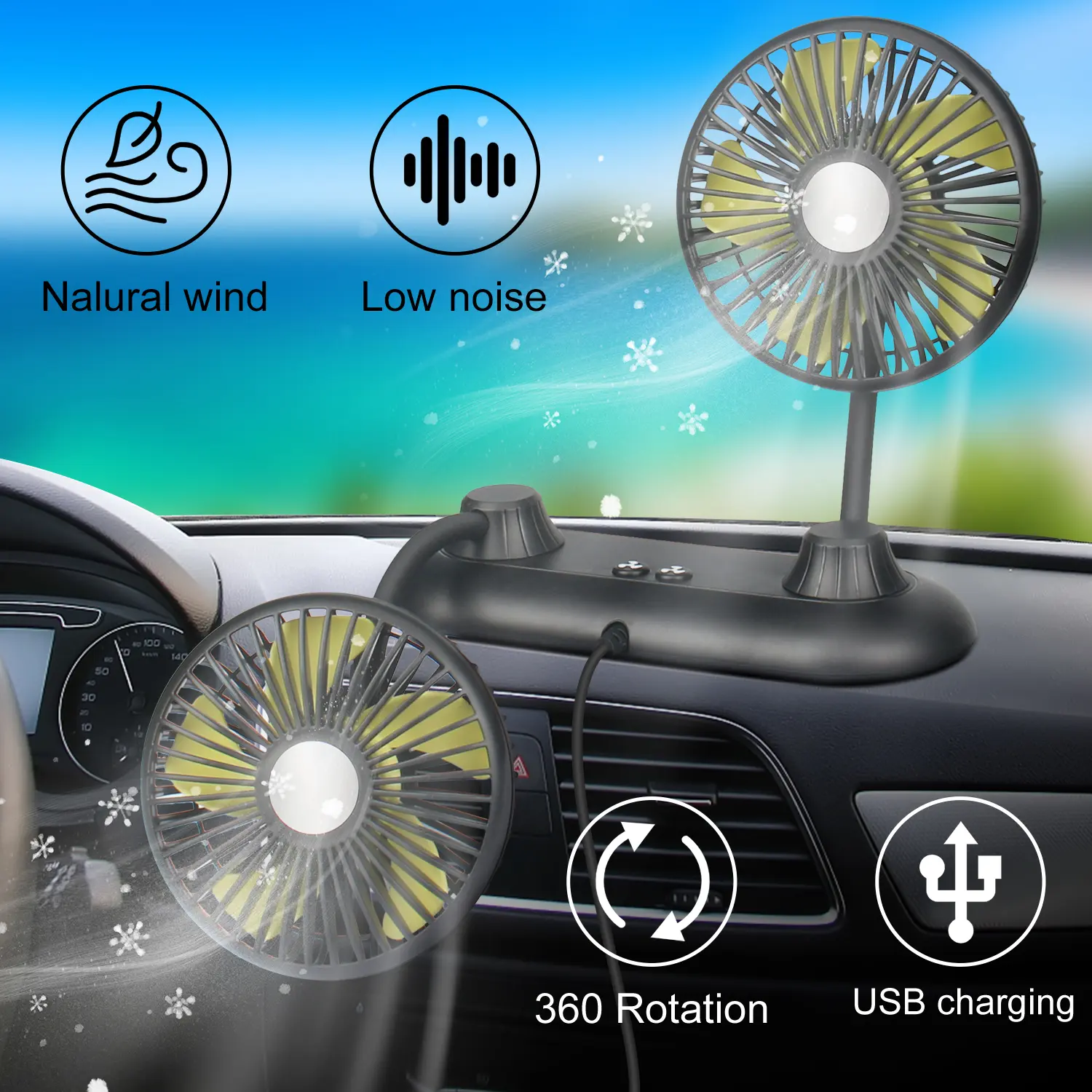 Double Head Car Fan,5 Rotary Vanes,Low Noise,360 Rotation,3 Independent Wind Gears,USB Charging With 59.1In Cable,Super Adhesive Pad,Suitable For 12V Car SUV Pickup Minivan