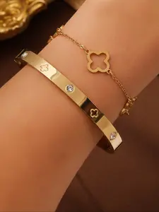 Women's Stainless Steel Bangle Set, Cubic Zirconia Decorations, Four-Leaf Clover Design, Fashion Jewelry Accessories, Elegant Jewelry Bracelet