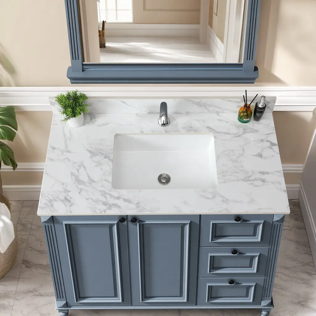 43x22 Inch Sintered Stone Bathroom Vanity Top with Undermount Ceramic Sink, White Carrara Engineered Stone Countertop with Backsplash, Single Faucet Hole, American Design, for Bathroom Renovation, White Color Options, Sintered Stone Material