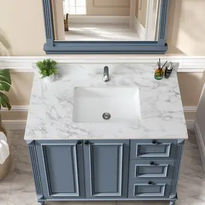 43x22 Inch Sintered Stone Bathroom Vanity Top with Undermount Ceramic Sink, White Carrara Engineered Stone Countertop with Backsplash, Single Faucet Hole, American Design, for Bathroom Renovation, White Color Options, Sintered Stone Material