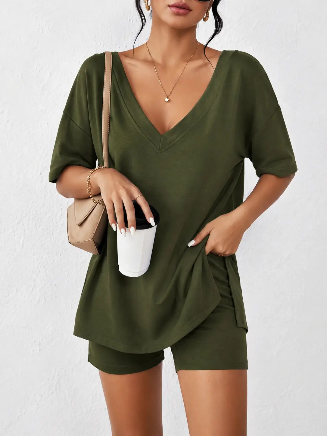 JointlyCreating Women's 2-Piece V-Neck Loungewear Set - Summer Oversized Split Hem Shirt, Soft Biker Shorts, Minimalist Casual Home Nightwear