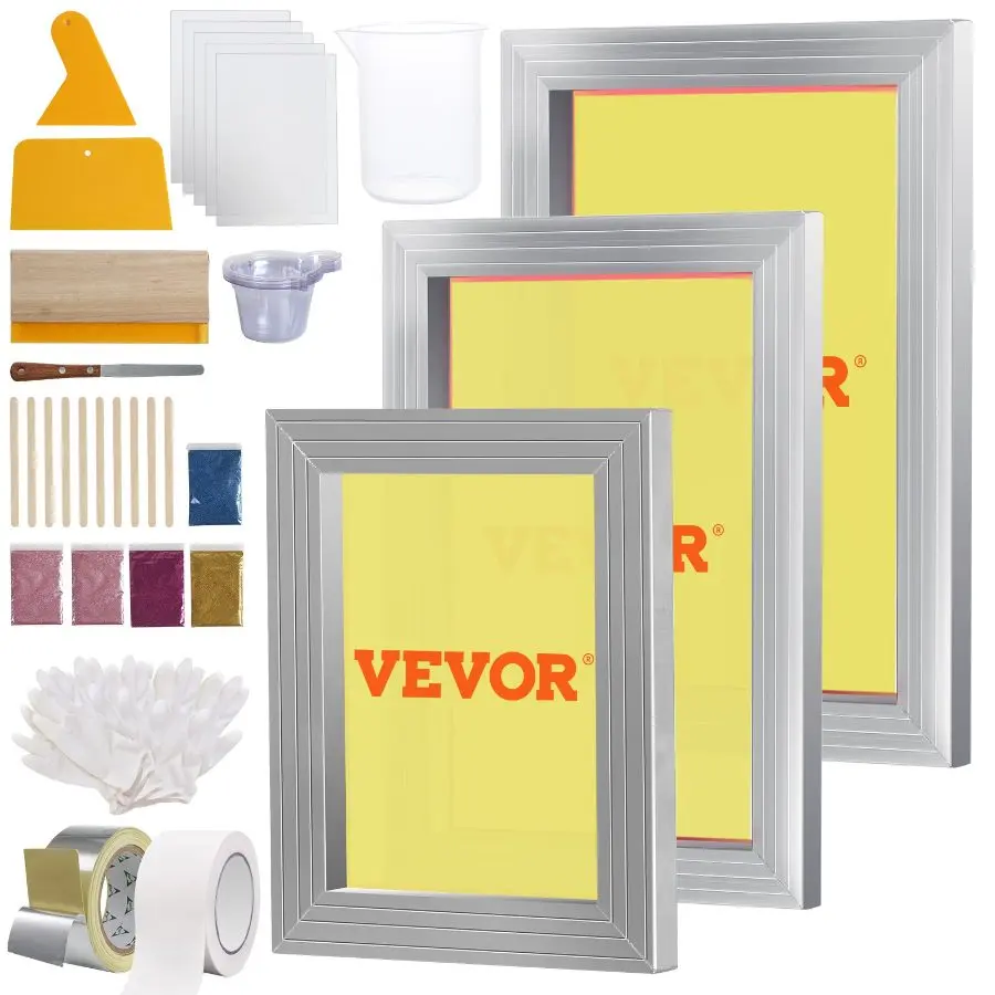 VEVOR Screen Printing Kit, 3 PCS Aluminum Silk Screen Printing Frames, 5 Glitters and Screen Printing Squeegees and Transparency Films, 6x10/8x12/10x14inch 110 Count Mesh, for DIY T-shirts Printing
