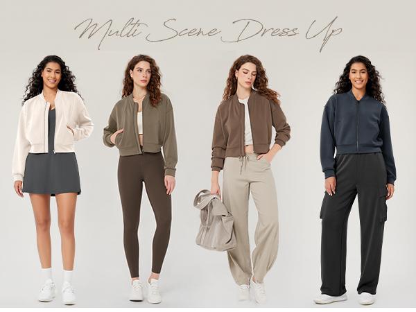 ODODOS Modal Soft Full-Zip Bomber Jacket for Women Long Sleeve Casual Fall Outfit Crop Top with Pockets