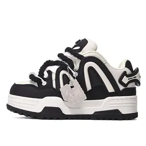 Q-AND Women’s Chunky Platform Sneakers – Black and White Casual Streetwear Shoes with Thick Rope Laces, Lightweight Fashion Walking Trainers, Non-Slip Skate Sneakers for Everyday Wear
