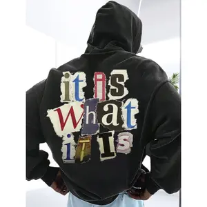 Men's Autumn/Winter Funny Collage Letter Patchwork Hoodie Sweatshirt, Perfect Combination Of Fashion And Function, Long Sleeve Top