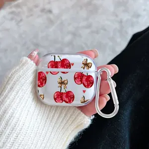 Cherry Bow Delight Pattern TPU Soft Protective Case for Apple AirPods 4/3/2/1/Pro/Pro2 Transparent Earphone Cover with Keychain Attachment