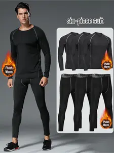 6pcs Men'S Thermal Fleece-Lined Athletic Set - Warm Long Sleeve Top & Leggings for Running, Gym, and Outdoor Activities - Black, Stretchy, and Comfortable for Fall/Winter Workouts, Gym Clothes, Best for Christmas