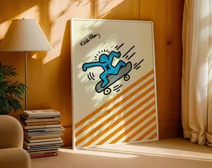 Keith Haring Skateboarding Print – Blue Figure in Motion – Bold Striped Pop Art Poster – Retro 80s Street Culture Wall Decor, Retro Vibe