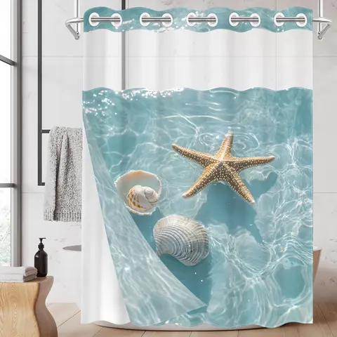 1PC 2D Starfish, Seashell, Ocean Wave Pattern Double-Layer Woven Clear (No Hooks), Transparent Top Window, Removable Liner with Clip-on Design, Aesthetic Shower Curtain, Bathroom, Restroom Decor Accessories, Bathroom Decoration Accessories