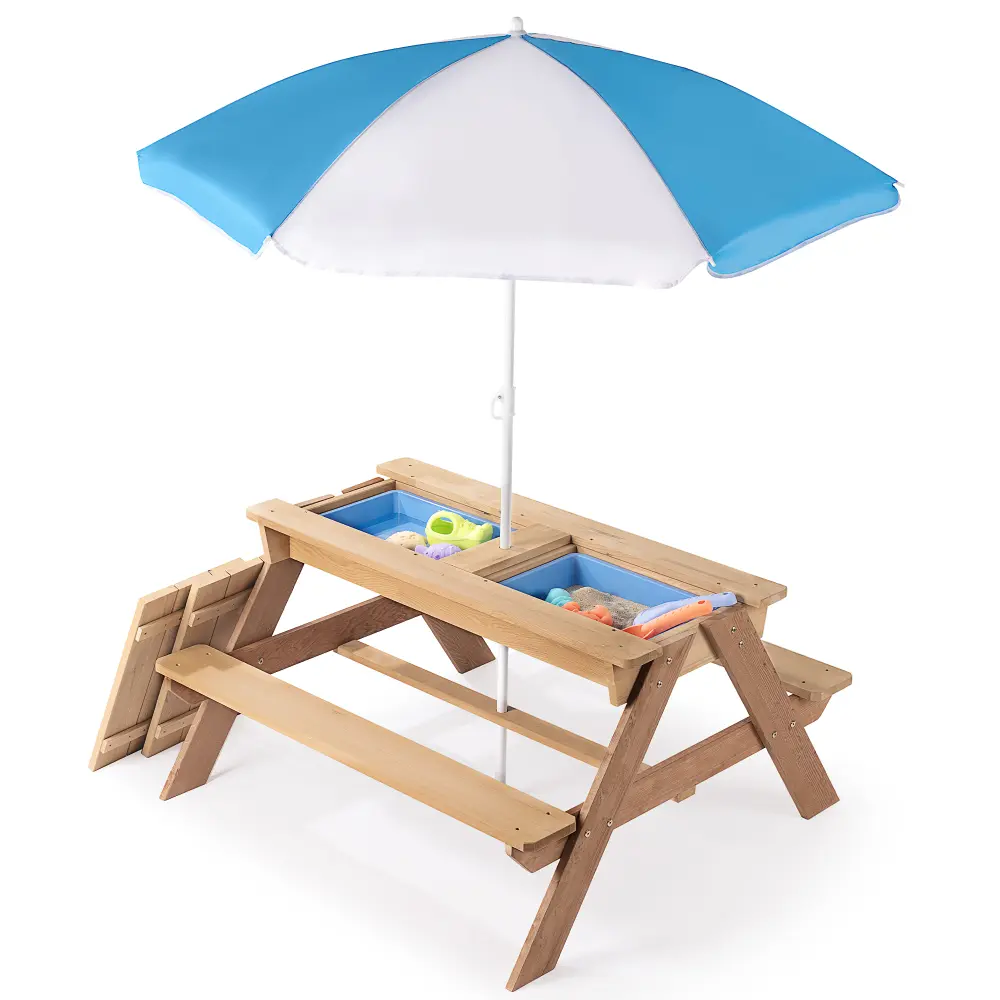 Cedar Wood 3-in-1 Kids Outdoor Picnic Table Set - Convertible Sand & Water Table, Adjustable Umbrella, Outdoor Kids Furniture