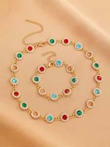 Colorful Round Diamond Necklace Bracelet Set, Vintage Luxury Style, Full Diamond Embedded Gemstone Design, Women's Daily Commute/party Jewelry