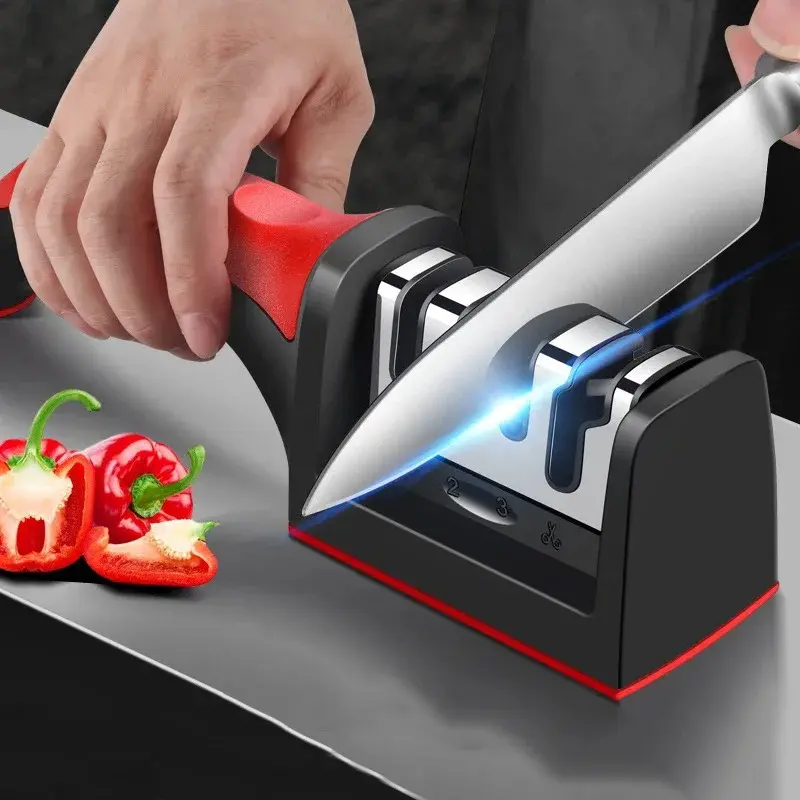 3-Segment Multi-Use Stainless Steel Knife Sharpener with Black Sharpening Stone for Kitchen Knives, Cooking Kitchen Tools