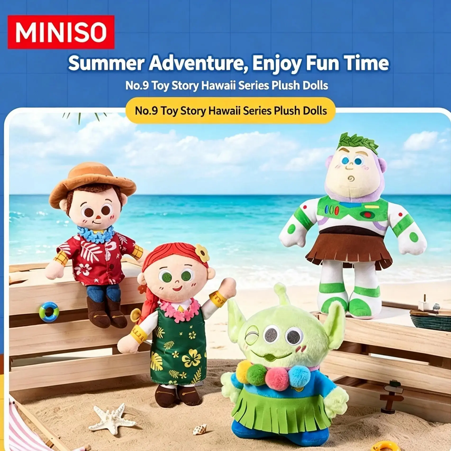 MINISO Toy Story Hawaiian Summer Series Soft Plush Dolls - Woody, Buzz, Jessie, 3-Eyed Alien - Lead-Free Fabric, Tropical Resort Look, 3D Stitch Detail, Cuddly Doll Gift, Stuffed Animal Gifts for Pixar Collectors