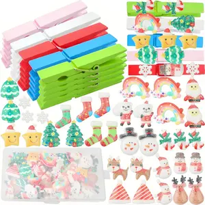 20 PCS Colorful Cheer Pins Spirit Clips Clothes Wooden Pins for Backpacks with 50PCS Cute Christmas Theme Resin Ornaments Bulk Cheer Gifts Cheerleading