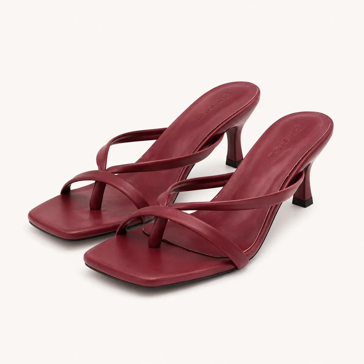 GeeYea women’s Burgundy Strappy Mule Heels, Square Toe High Heel Thong Sandals with Cross-Strap Design, PU Upper, PU Lining & PVC Sole, Elegant Shoes for Date Night, Party & Spring Summer Outfits