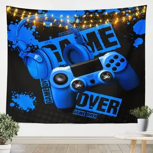 Feelyou Soft Large Wall Tapestry - Home Bedroom Decor, Blue Black Gaming Headset & Gamepad Art, Lightweight Multicolor Indoor/Outdoor Hanging, 59inW x 82inL Mural, Wall Tapestries