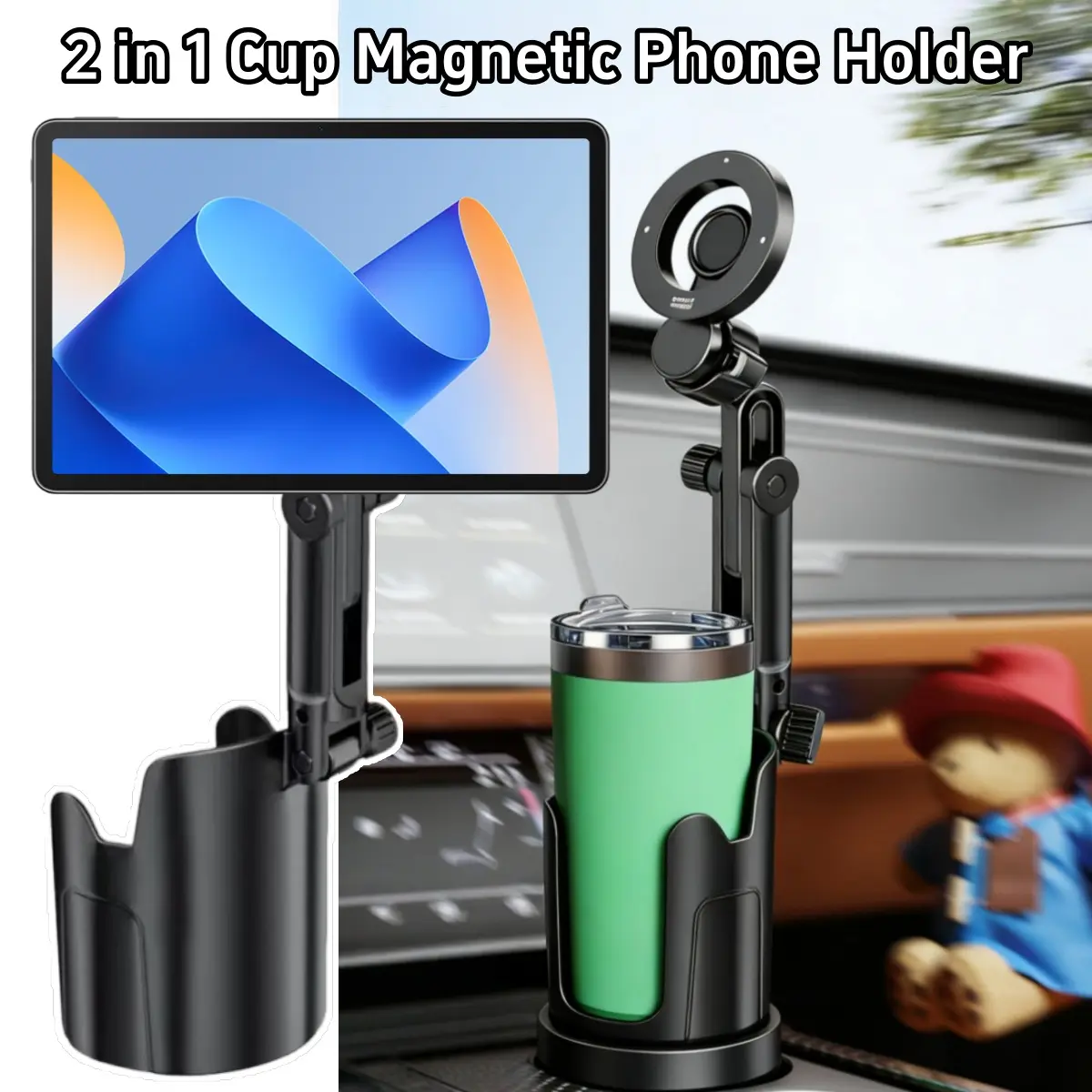 2 in 1 Cup Tablet & Phone Mount, Cup Holder Phone Mount Cradle Stand for Car, Car Large Adapter Long Arm with 360° Rotation, Adjustable Car Bottles Drink Holder Universal for iPhone Samsung Galaxy, for iPad Pro Mini Air