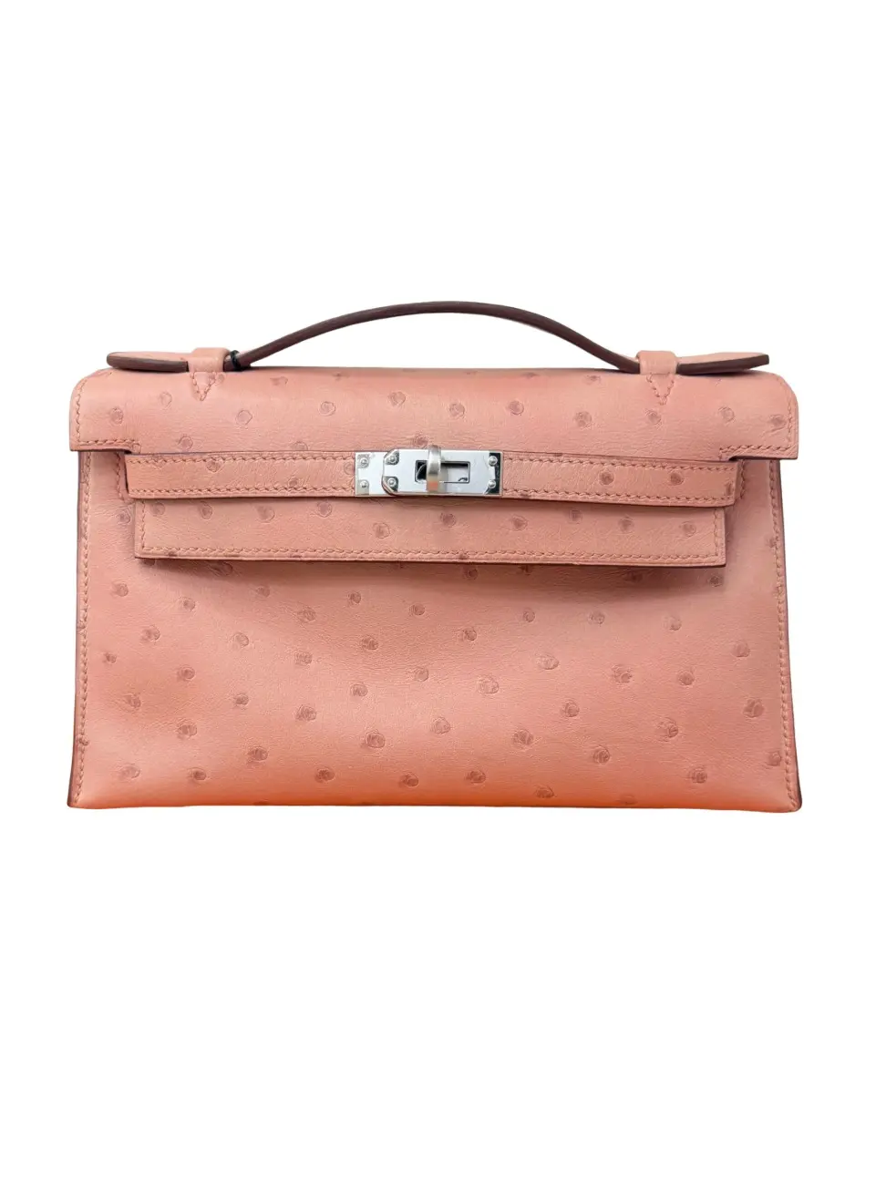 Pre-owned HERMÈS leather Crossbody Bags Kelly Ostrich Terre Cuite Clutch Pochette Palladium Hardware A Stamp