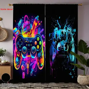 2pcs Vibrant Gaming Controller Graffiti Print Curtains, Cool Cyberpunk Style Long Panel Light Blocking Drapes, Suitable for Boys' Room