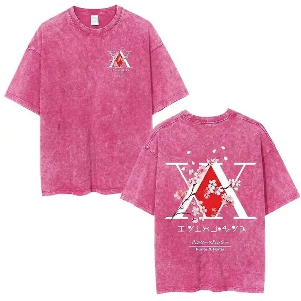 Oversized Vintage Washed Anime Graphic Tee - Hunter x Hunter Killua & Gon Cherry Blossom Shirt, 100% Cotton Baggy Unisex Streetwear, Casual Retro Y2K Top Aesthetic Tshirt