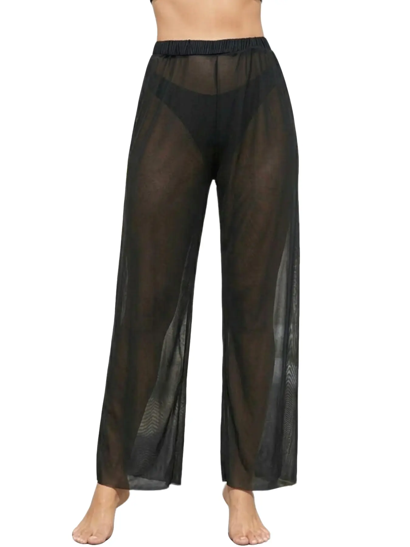 Women's Mesh Transparent Wide Leg Pants, Casual Chic Trousers, High Waist Floor-Length Sheer Lounge Pants, Loose Fit for Daily Commute, Outdoor, Home Relaxation, Basic, All Season Trousers, Womenswear