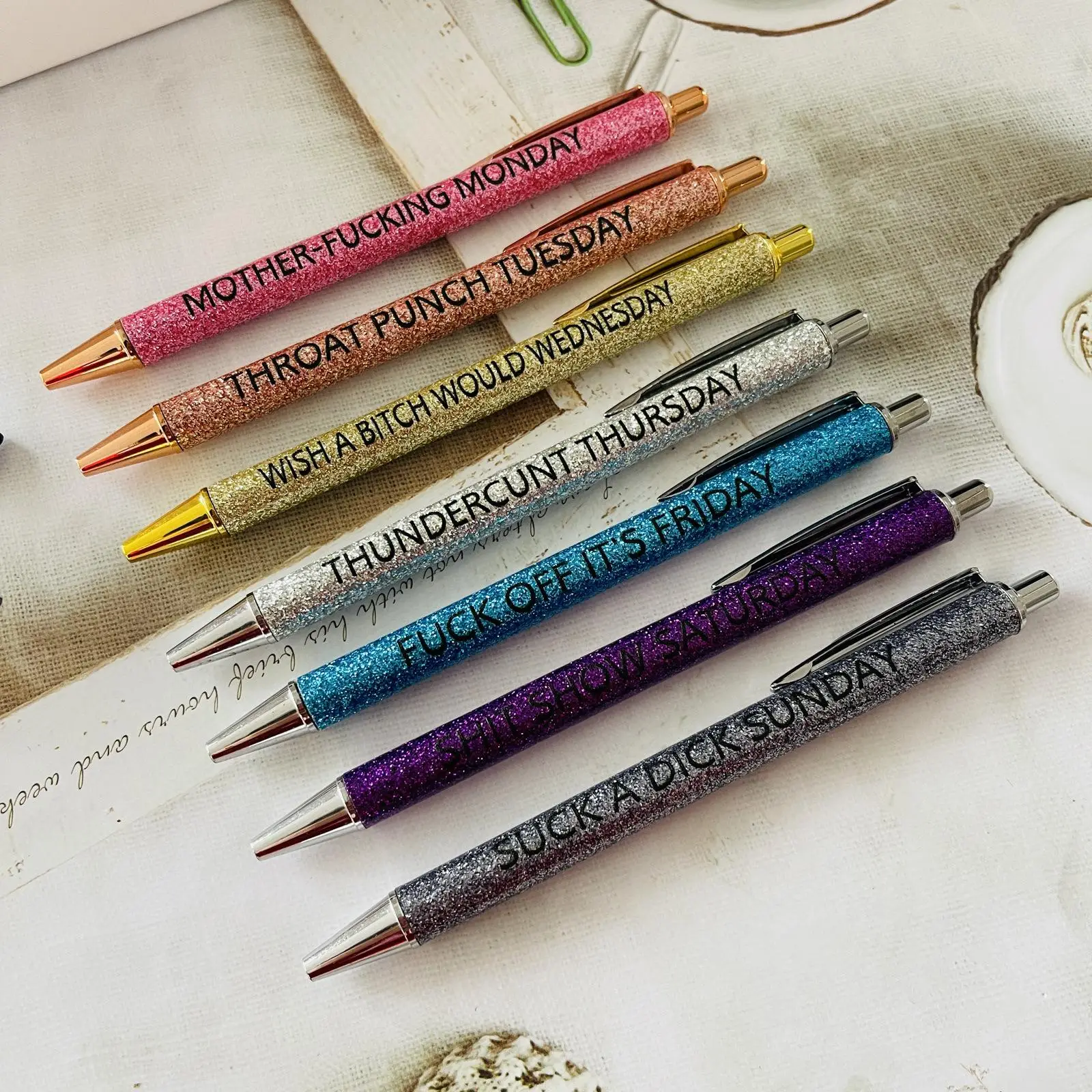 Glitter Pen Set, 7 Counts 7 Days Of The Week Glitter Ballpoint Pen, Ballpen Set, Funny Office Gifts, Stationery Fun Pen To Describe State Of Mind for