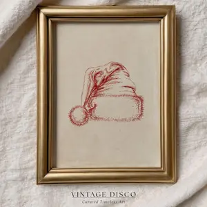 Santa Hat Sketch Print - Vintage Christmas Decor, Minimalist Charming Holiday Decor, Nostalgic Scandinavian Printable | Framless Poster D